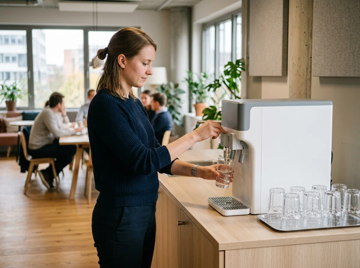 KI-generiert: Mitarbeiterin am Wasserspender mit Trinkglas im modernen Büro