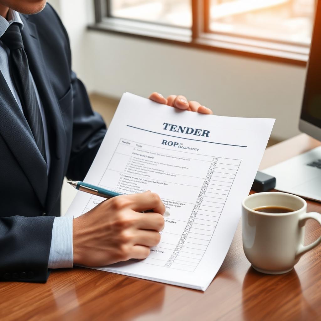 KI-generiert: Procurement-Manager mit Tender-Dokument und Checkliste am Schreibtisch