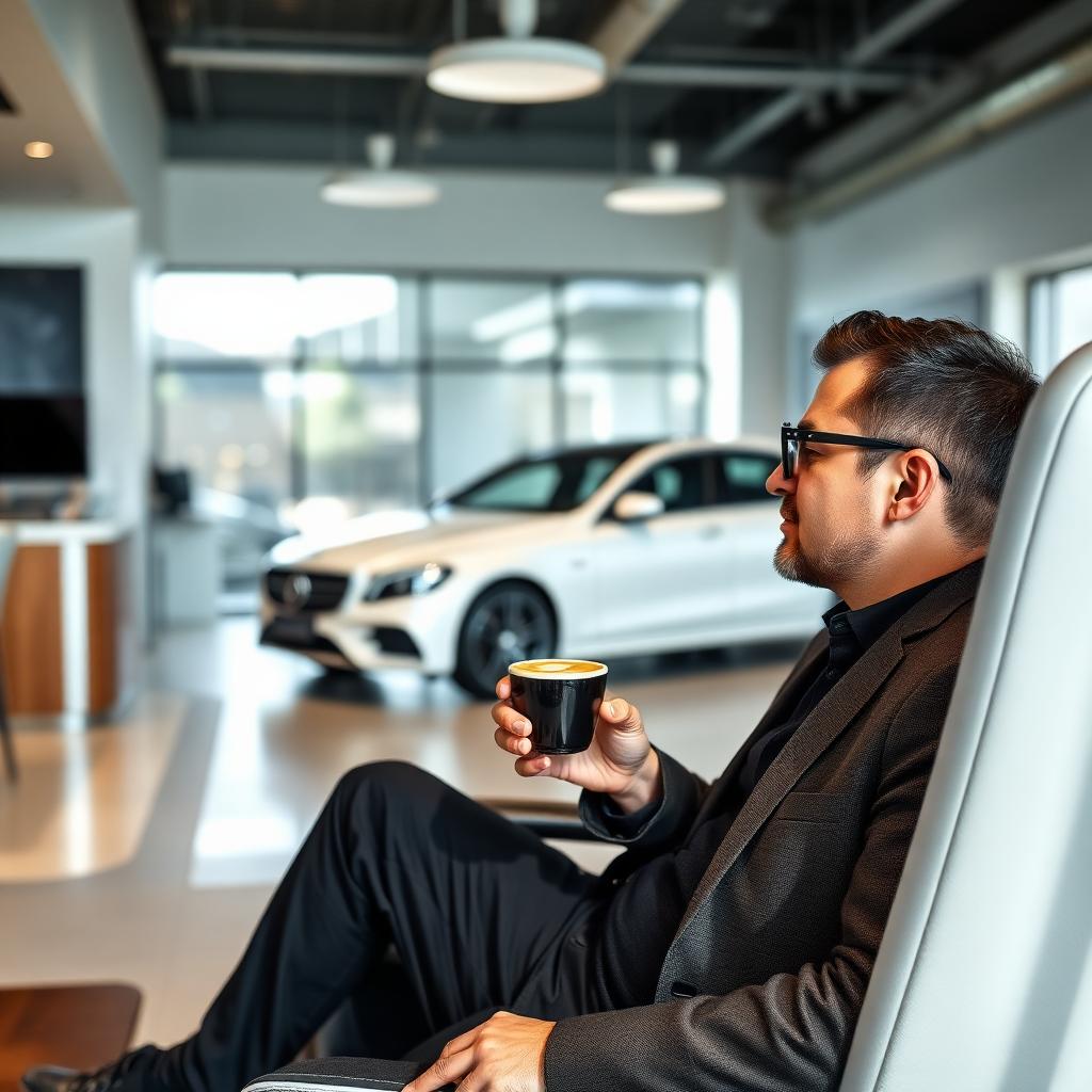 KI-generiert: Kunde mit Espresso in einer Autohaus-Lounge mit Kaffeebar im Hintergrund