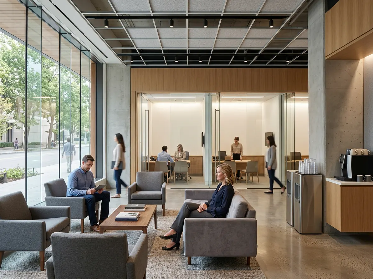 KI-generiert: Bank-Filiale mit Wartebereich und Self-Service-Kaffee/Wasser-Station für Kunden