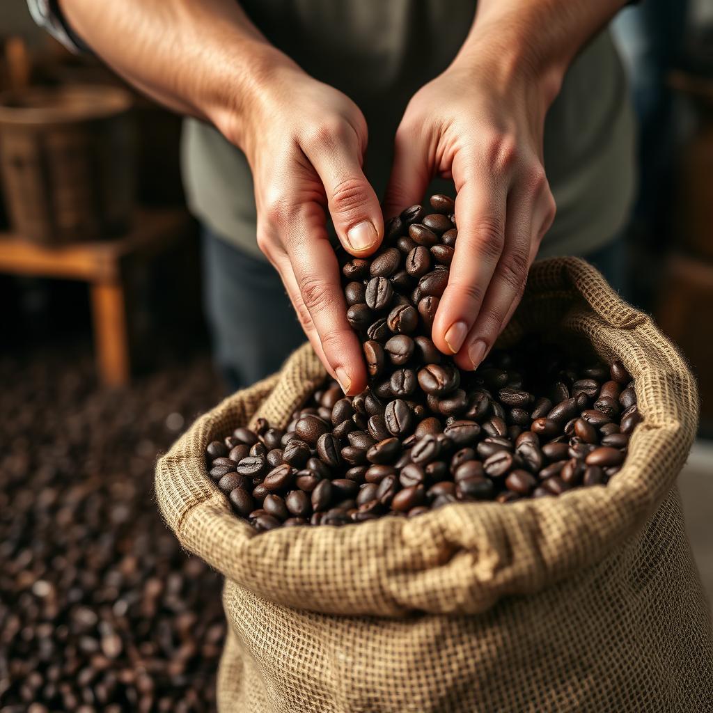 KI-generiert: Hände schöpfen frische Kaffeebohnen aus einem Jutesack
