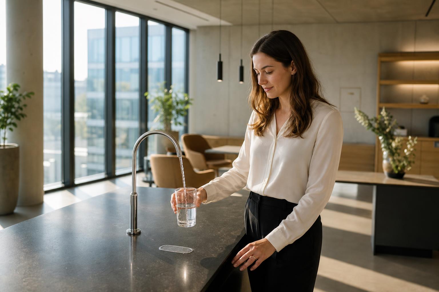 KI-generiert: Mitarbeiterin füllt ein Glas Wasser an einem leitungsgebundenen Wasserspender im modernen Büro