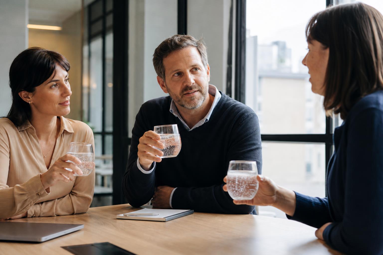 KI-generiert: Drei Kollegen im modernen Büro trinken frisch gezapftes Sprudelwasser im Meeting