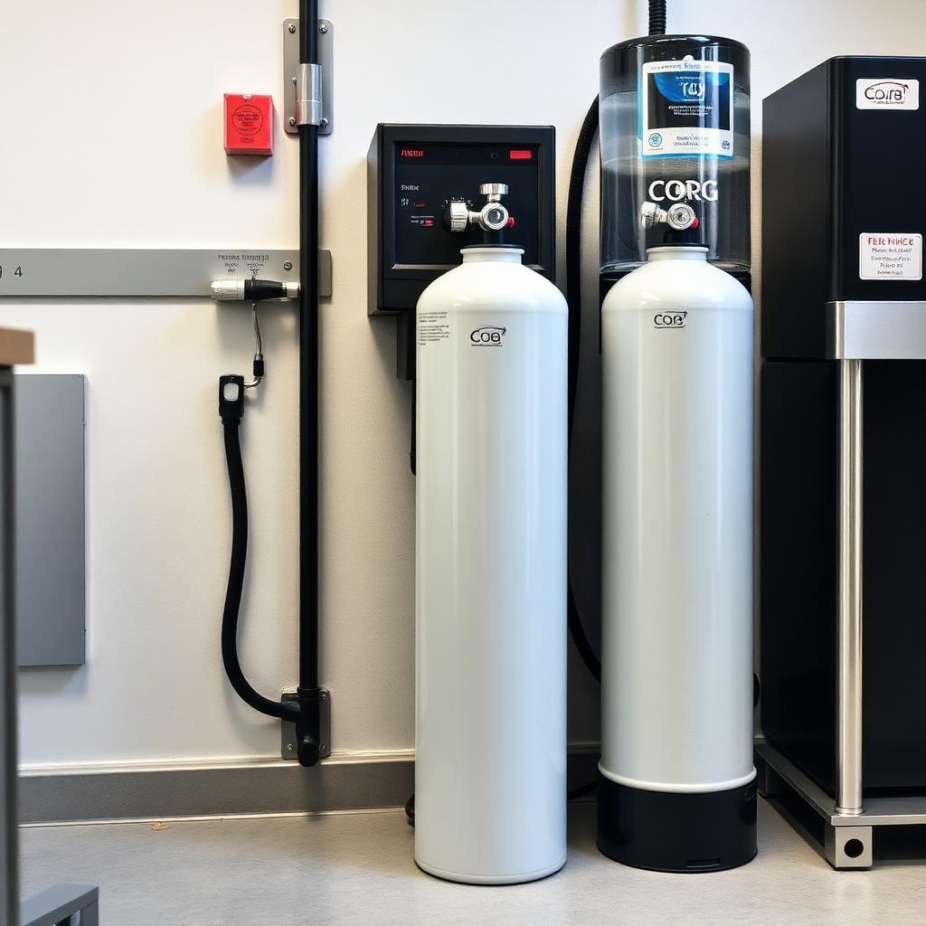 KI-generiert: Zwei CO₂-Flaschen im Technikraum eines Büros, daneben ein Wasserspender-System