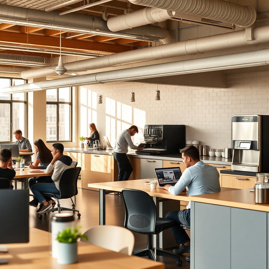 KI-generiert: Coworking-Mitglieder an Schreibtischen mit Kaffeebar im Hintergrund