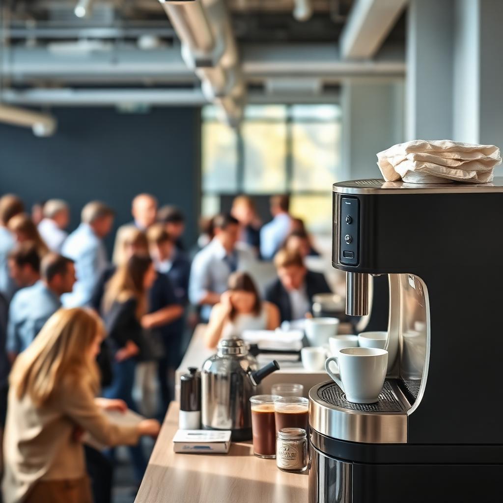 KI-generiert: Großer Bürokaffeevollautomat in offenem Büro mit ca. 50 Mitarbeitern