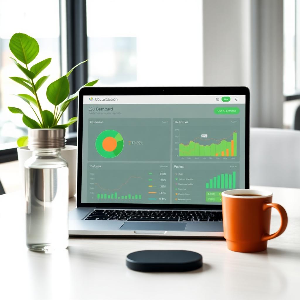 KI-generiert: Laptop mit ESG-Dashboard, Wasserflasche und Kaffeetasse auf modernem Büroschreibtisch