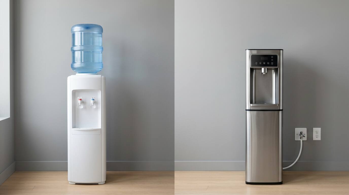 KI-generiert: Vergleich: Gallonen-Wasserspender links, Festwasser-Wasserspender rechts