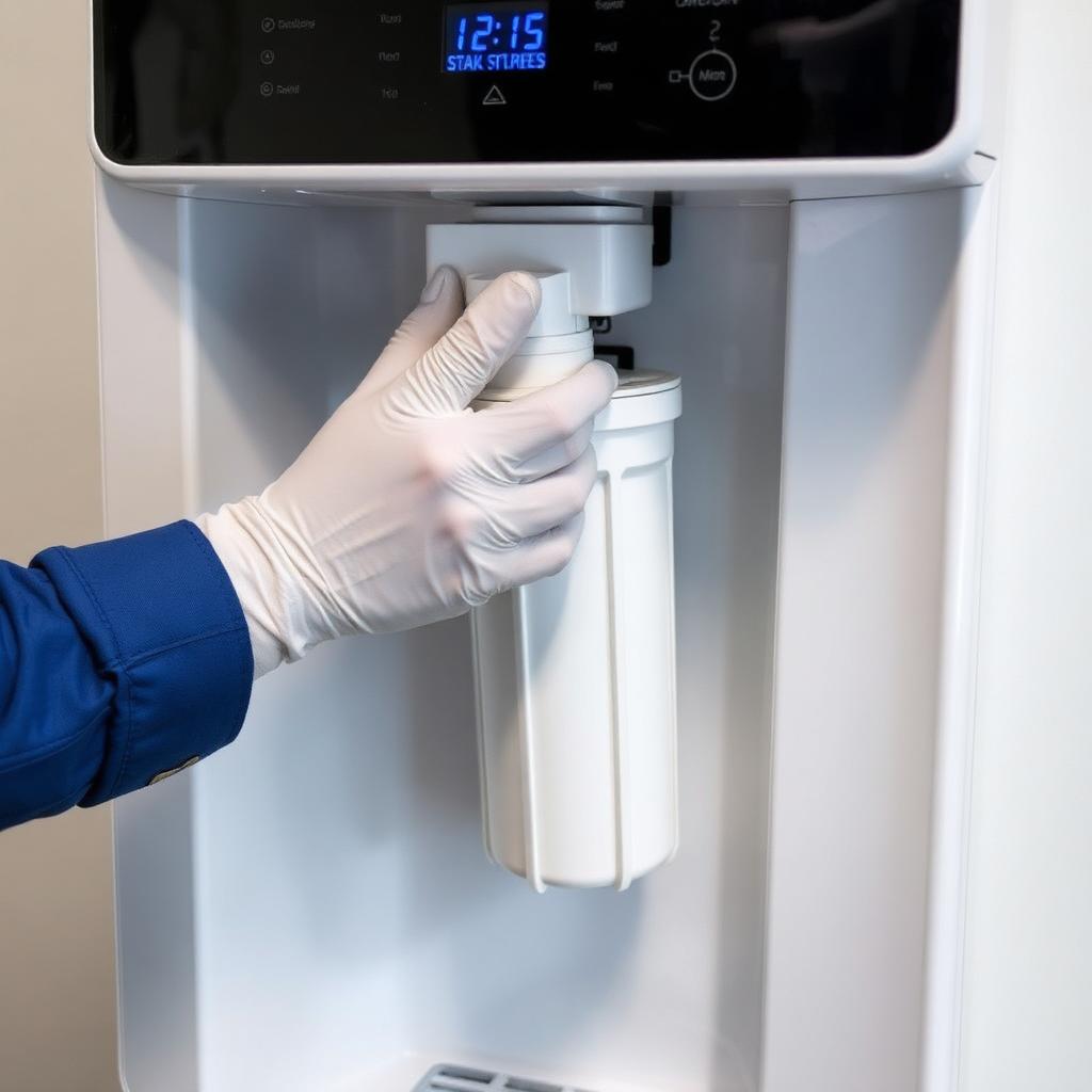 KI-generiert: Techniker mit Handschuhen wechselt eine Filterkartusche im Wasserspender