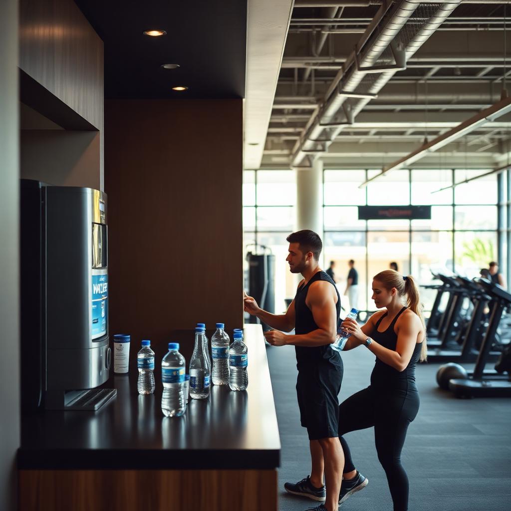 KI-generiert: Mitglieder am Wasserspender und in der Lounge eines modernen Fitnessstudios