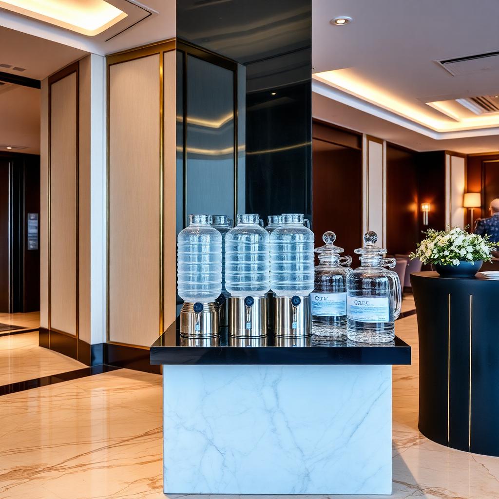 KI-generiert: Eleganter Self-Service-Wasserspender in einer hochwertigen Hotel-Lobby mit Marmorboden