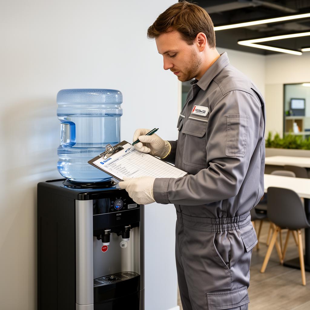 KI-generiert: Servicetechniker prüft Wasserspender im Büro mit Wartungschecklist
