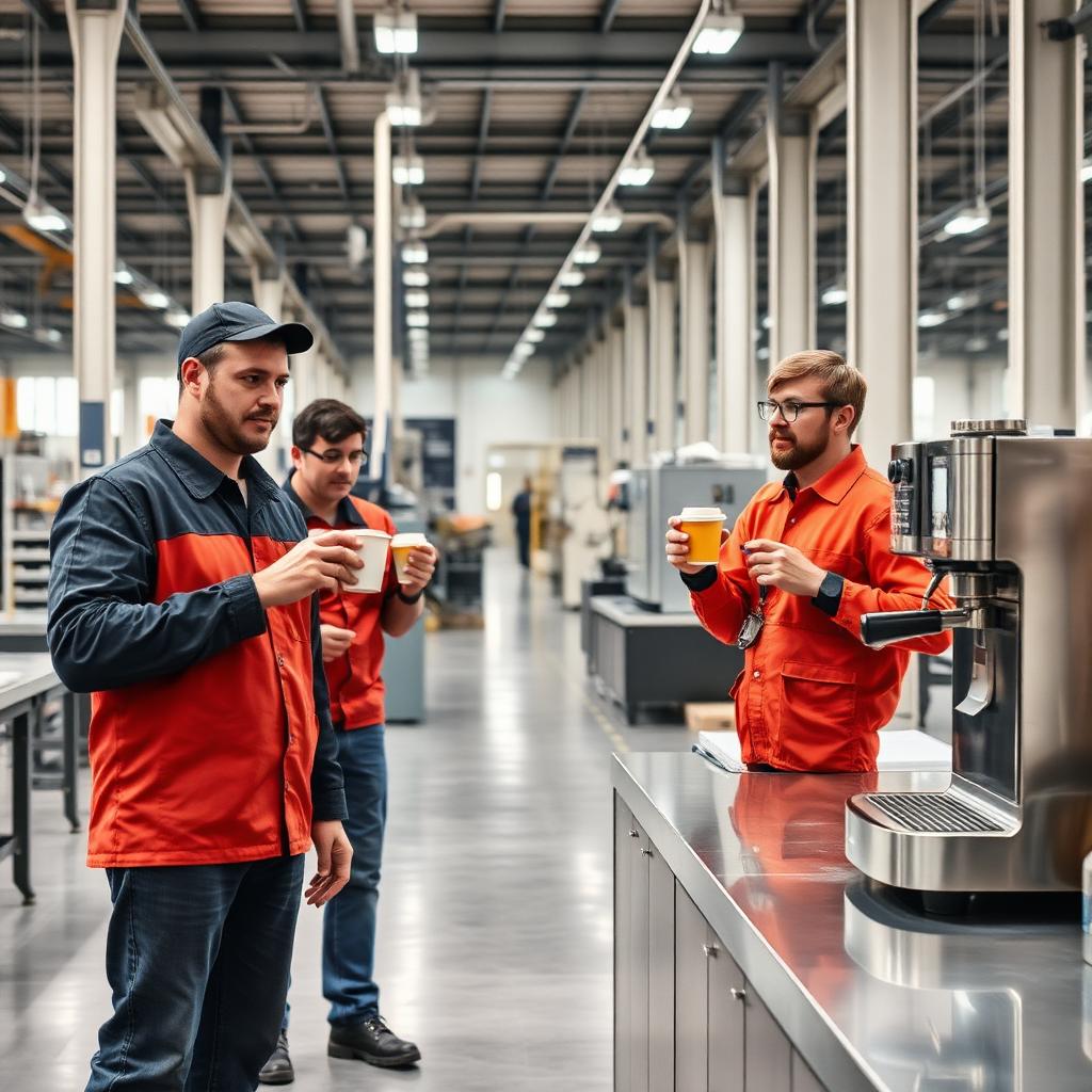 KI-generiert: Mitarbeiter in Arbeitskleidung an Kaffee- und Wasserstation in Produktionshalle