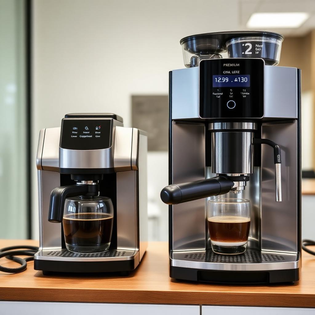 KI-generiert: Einsteiger- und Premium-Kaffeevollautomat nebeneinander auf einer Küchenzeile