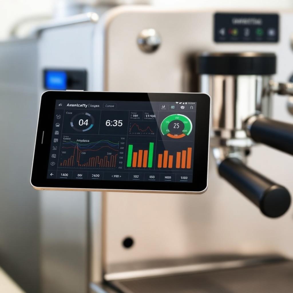 KI-generiert: Tablet-Dashboard mit Kaffeemaschinen-Telemetrie-Daten, Profi-Vollautomat im Hintergrund