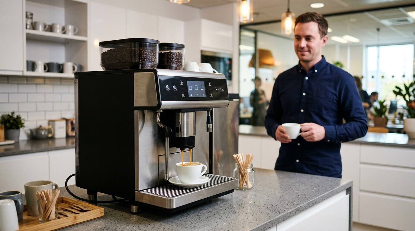 KI-generiert: Mitarbeiter wartet auf Espresso aus professionellem Bürokaffeevollautomat in moderner Büroküche