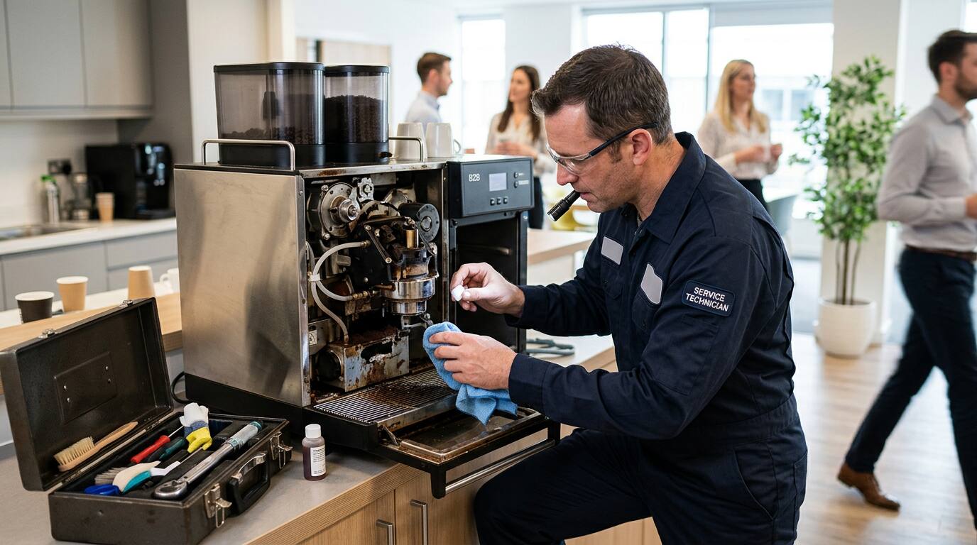 KI-generiert: Servicetechniker reinigt die Brühgruppe eines professionellen Bürokaffeevollautomaten