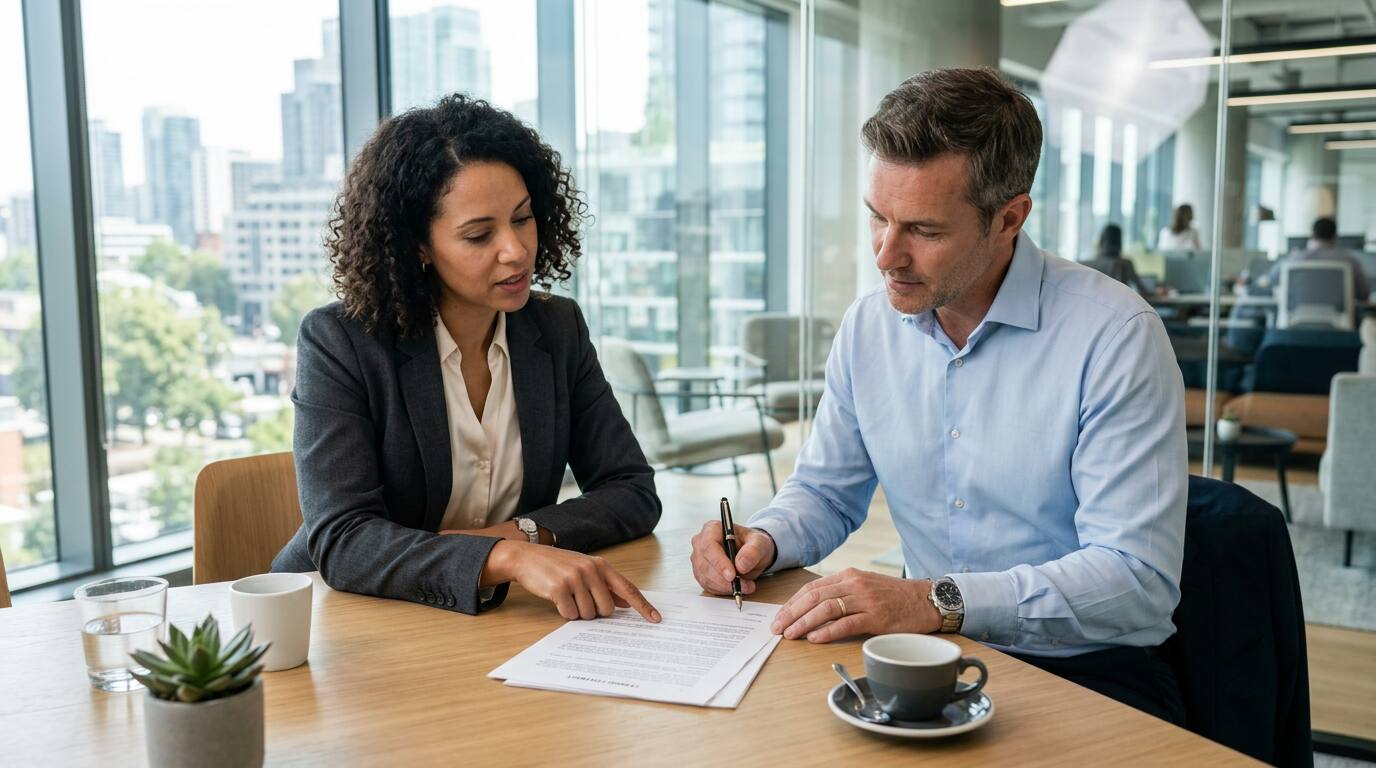 KI-generiert: Office Managerin und Einkäufer prüfen einen Leasingvertrag für einen Bürokaffeevollautomaten