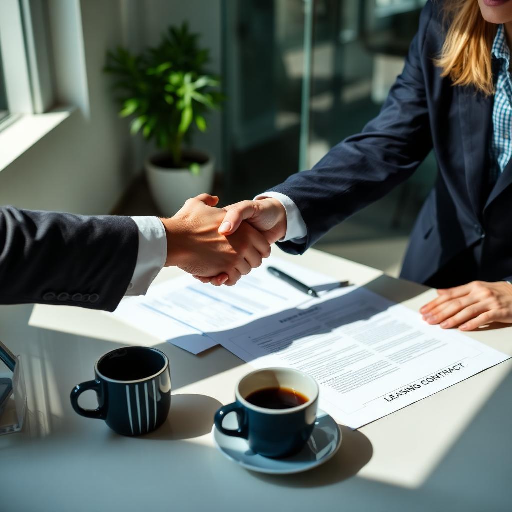 KI-generiert: Vertragsverhandlung im modernen Büro mit Kaffeetassen