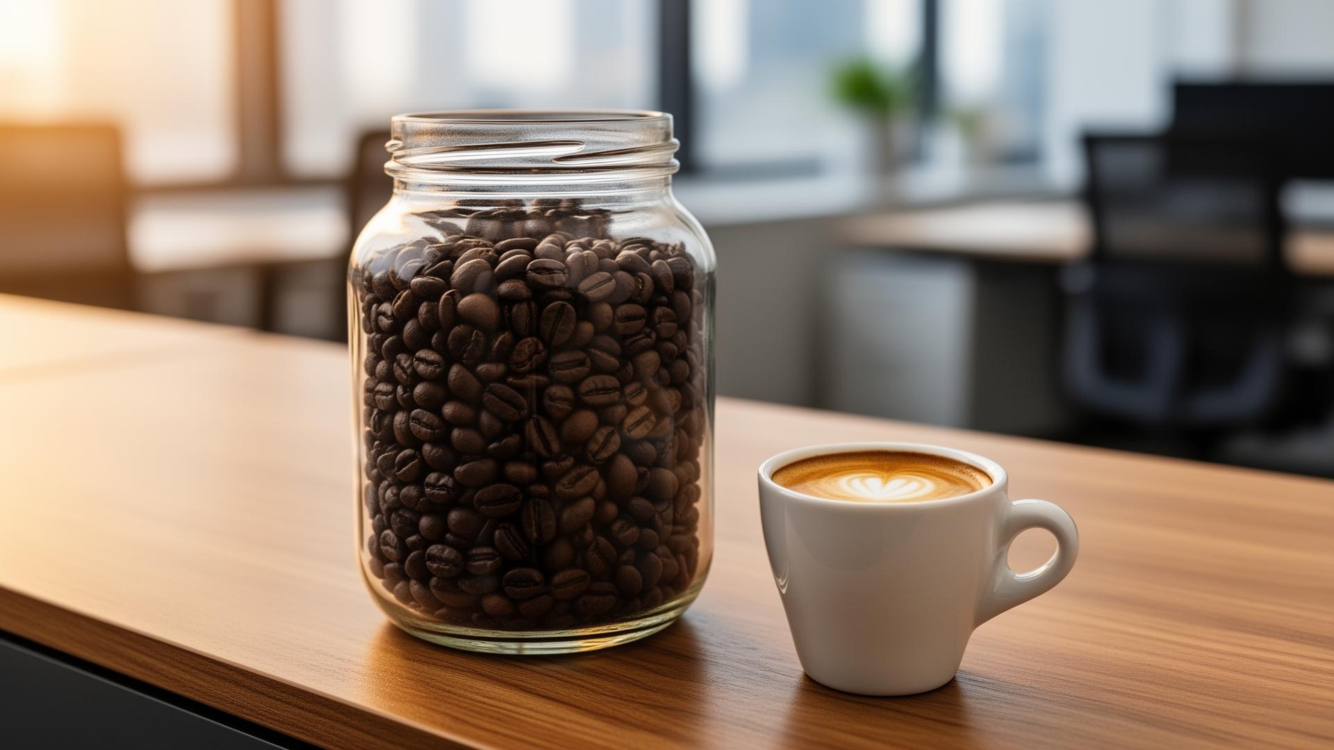 KI-generiert: Bohnenglas neben Espressotasse auf Büroküchentheke