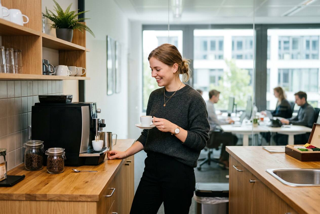 KI-generiert: Mitarbeiter mit Kaffeebechern im offenen Büro