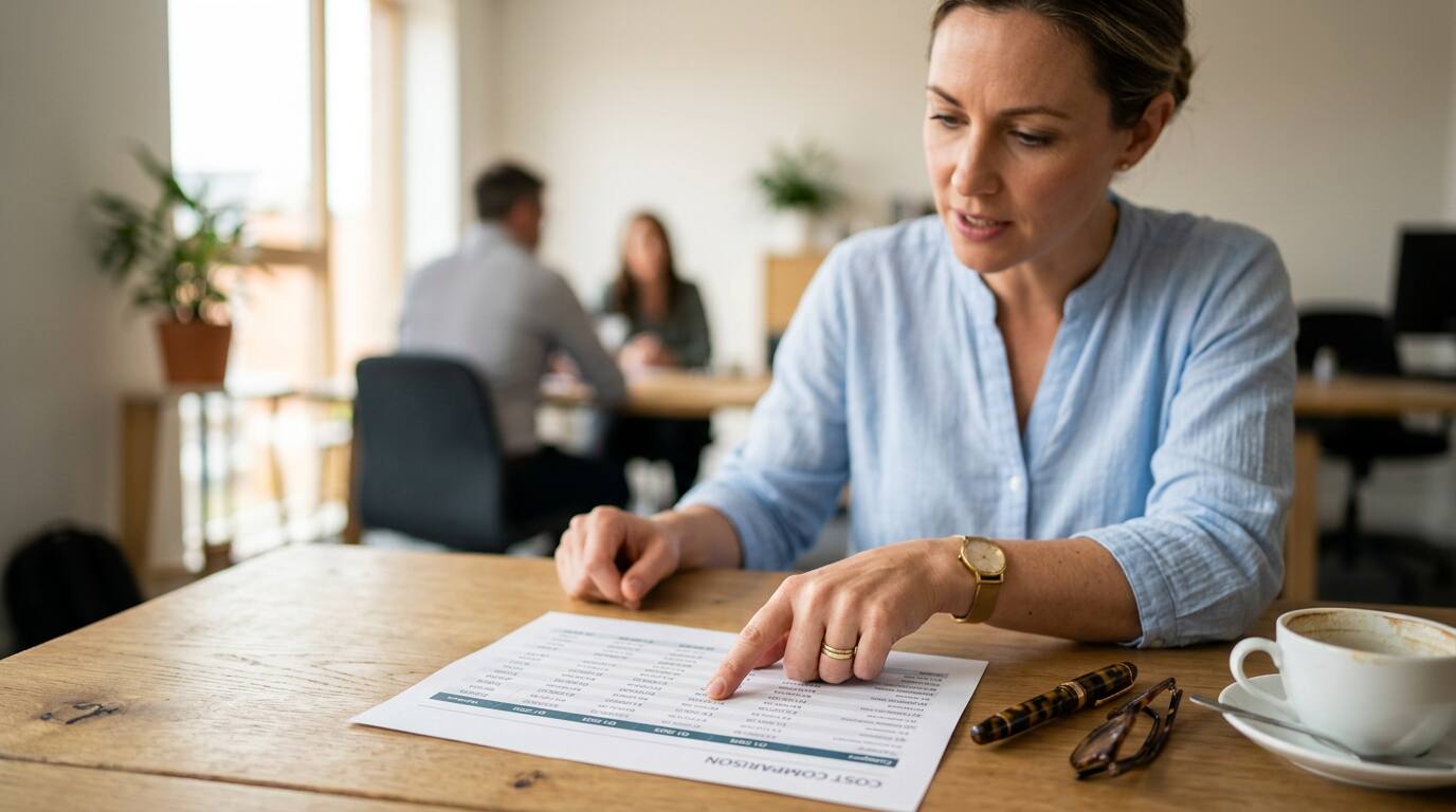 KI-generiert: Office Managerin analysiert eine TCO-Kostenvergleichsliste am Besprechungstisch