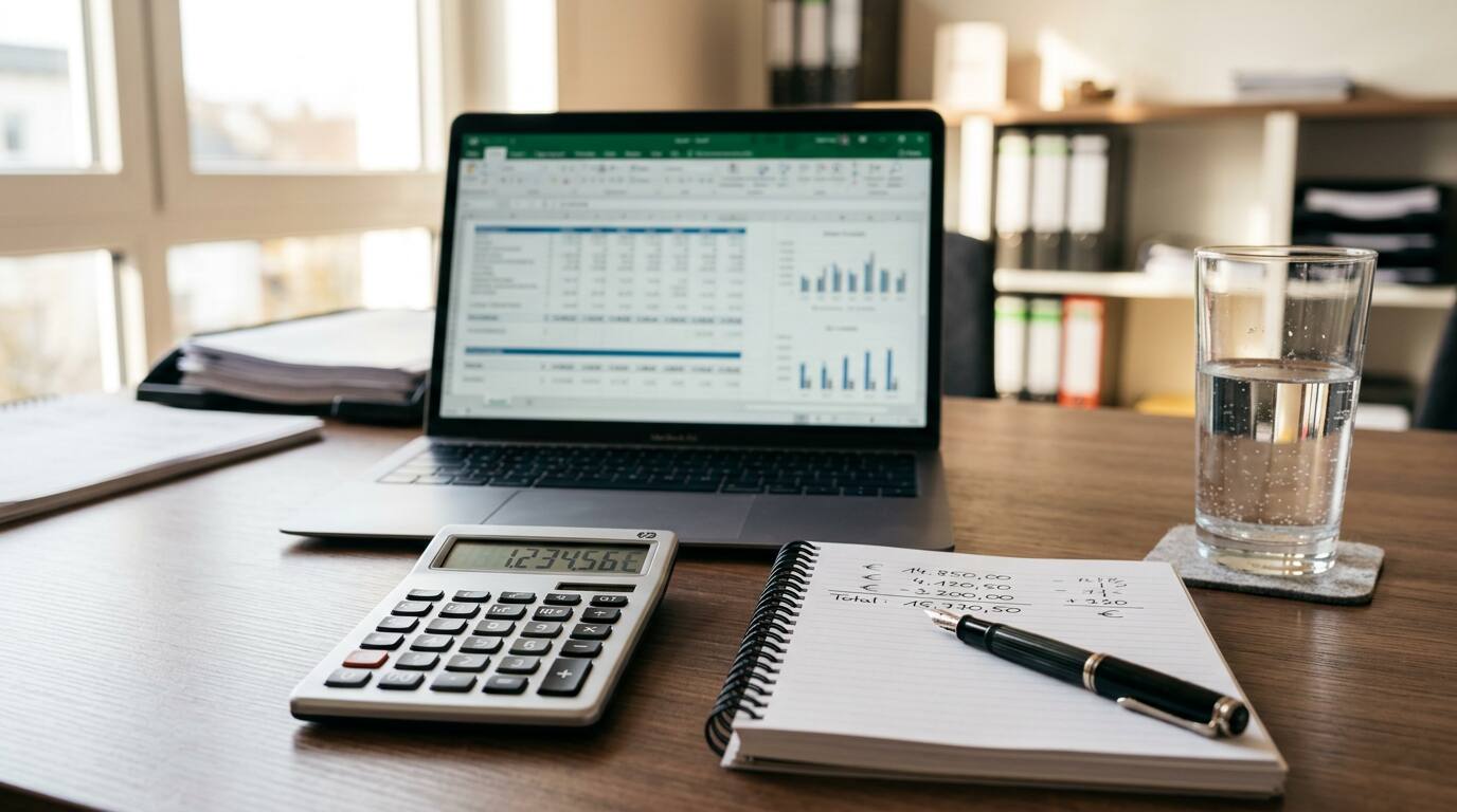 KI-generiert: Schreibtisch mit Laptop, Taschenrechner und handschriftlicher Kostenkalkulation für Bürowasser