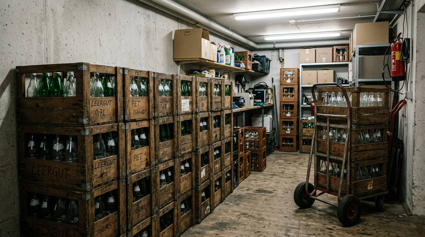 KI-generiert: Lagerraum mit gestapelten Leergut-Kästen und Sackkarre, typische Bürolasche-Logistik