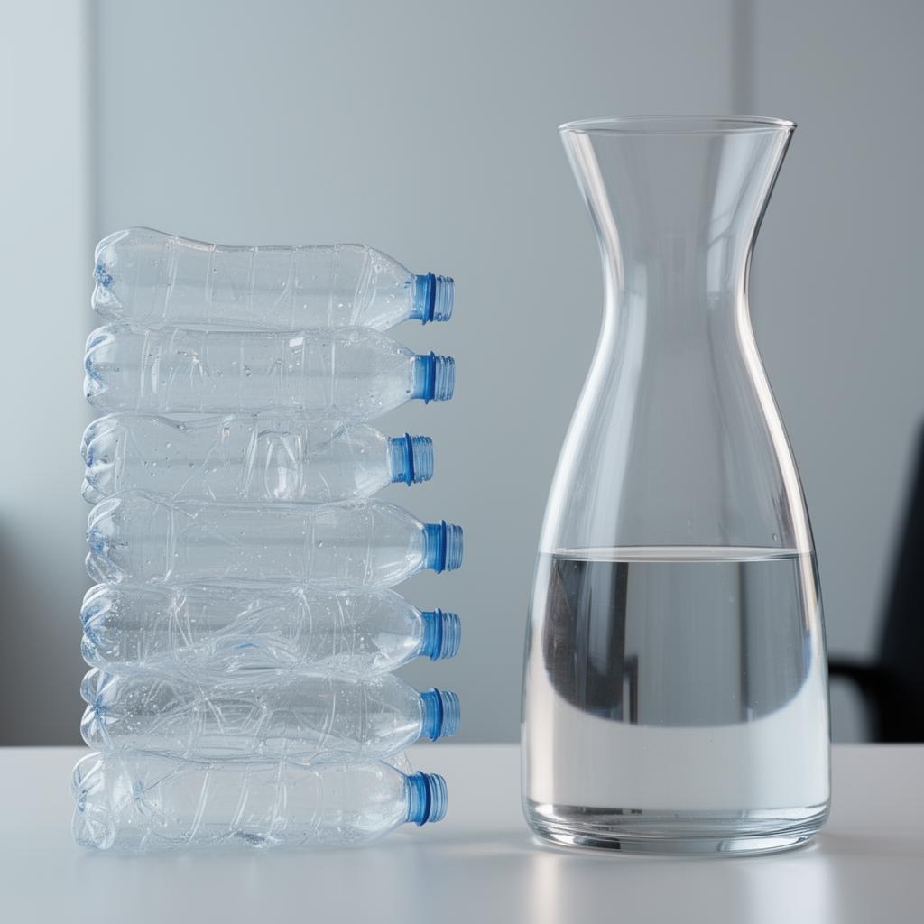 KI-generiert: Stapel leerer Plastikflaschen neben eleganter Glaskaraffe mit Leitungswasser
