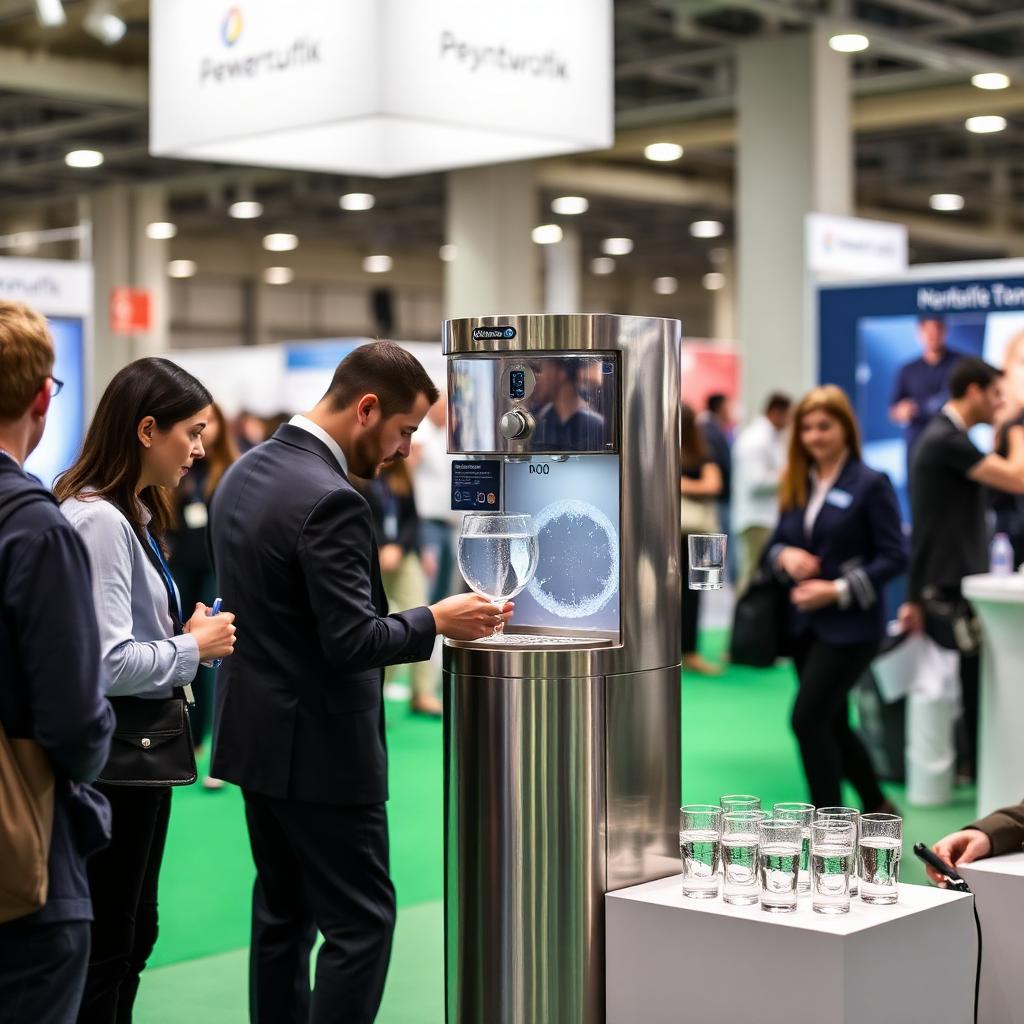 KI-generiert: Messestand mit professionellem Wasserspender, Besucher bedienen sich an Glaskaraffen