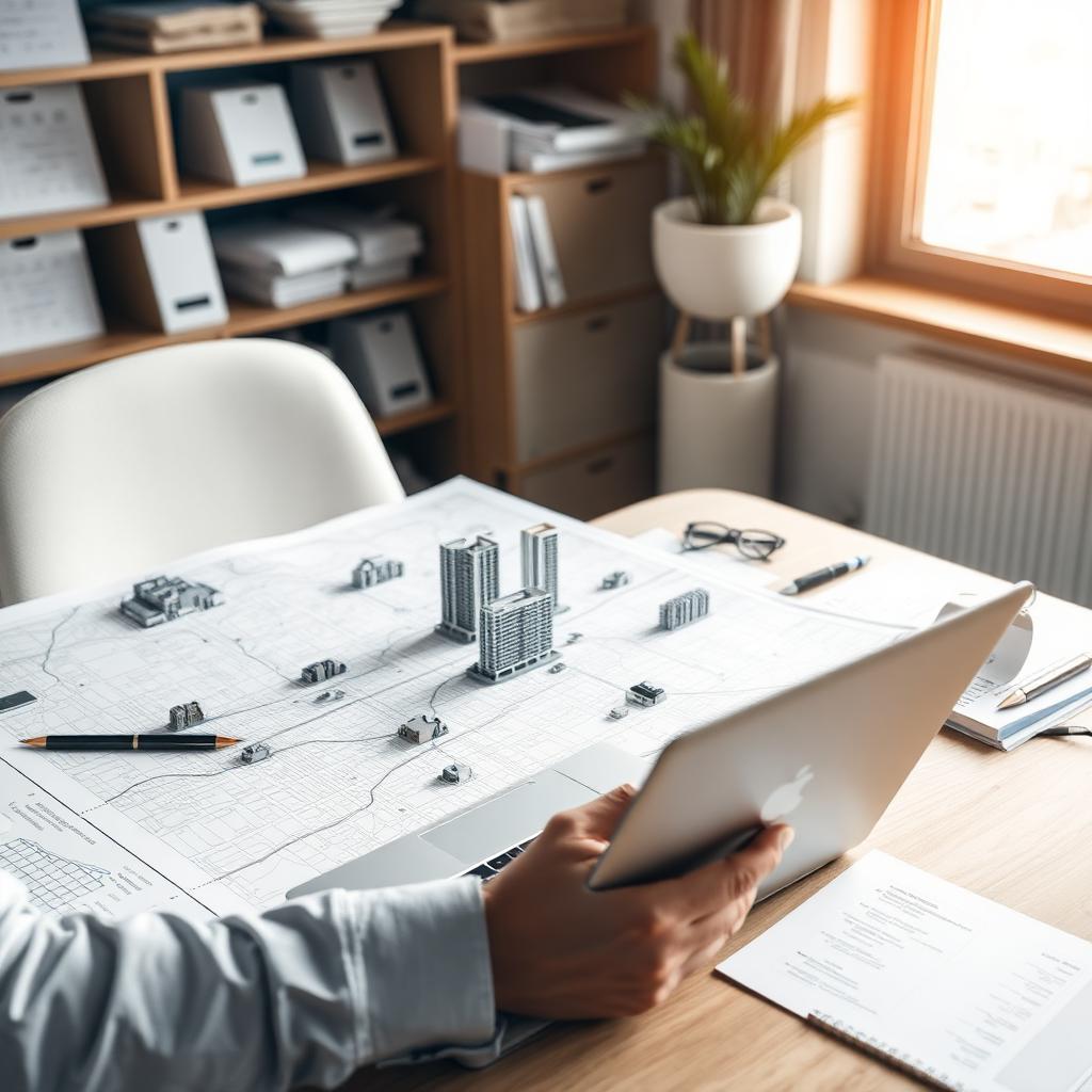 KI-generiert: Procurement-Manager mit Stadtkarte und Laptop, Multi-Standort-Planung