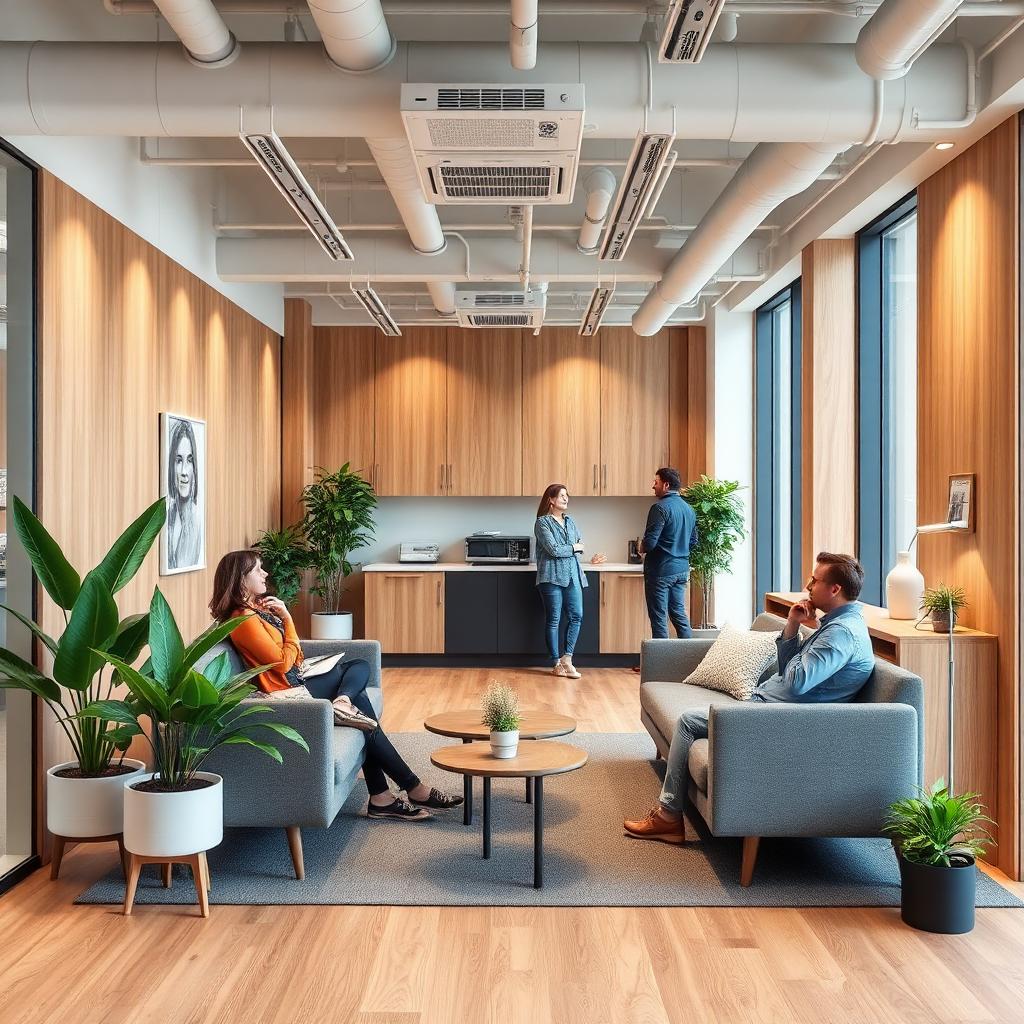 KI-generiert: Modern gestalteter Office-Pausenraum mit Holzelementen, Sitzgruppen und zentraler Kaffeestation