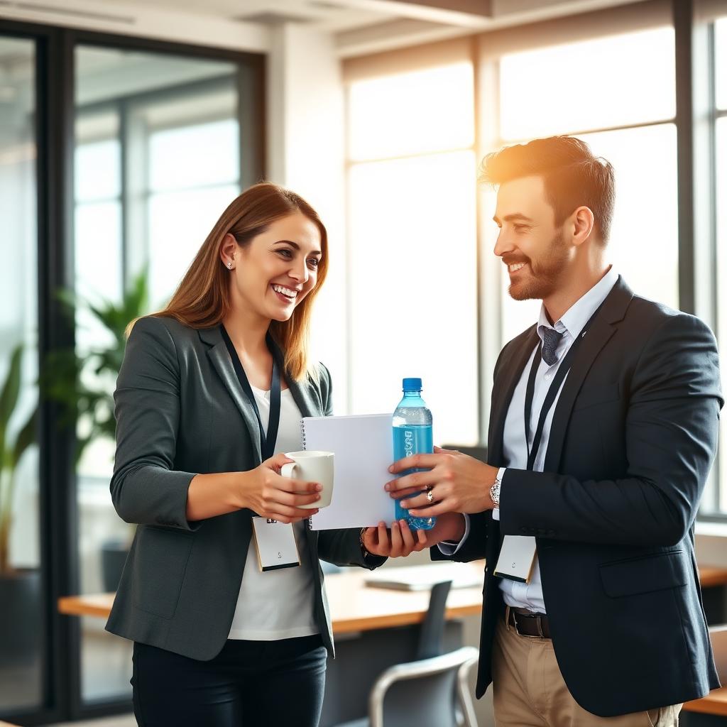 KI-generiert: HR-Managerin überreicht Welcome-Kit mit Tasse und Wasserflasche an neuen Mitarbeiter
