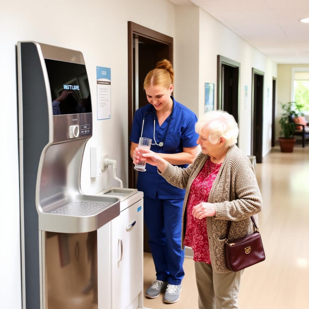 KI-generiert: Wasserspender in einem Pflegeheim, Pflegefachkraft hilft einer Seniorin beim Befüllen eines Glases