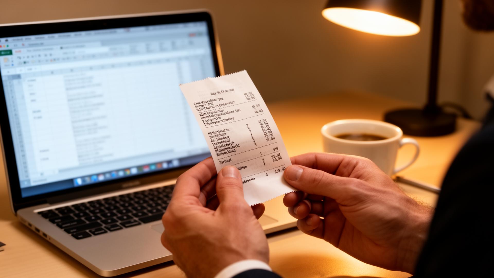 KI-generiert: Hände halten Beleg neben Laptop mit Buchhaltungssoftware