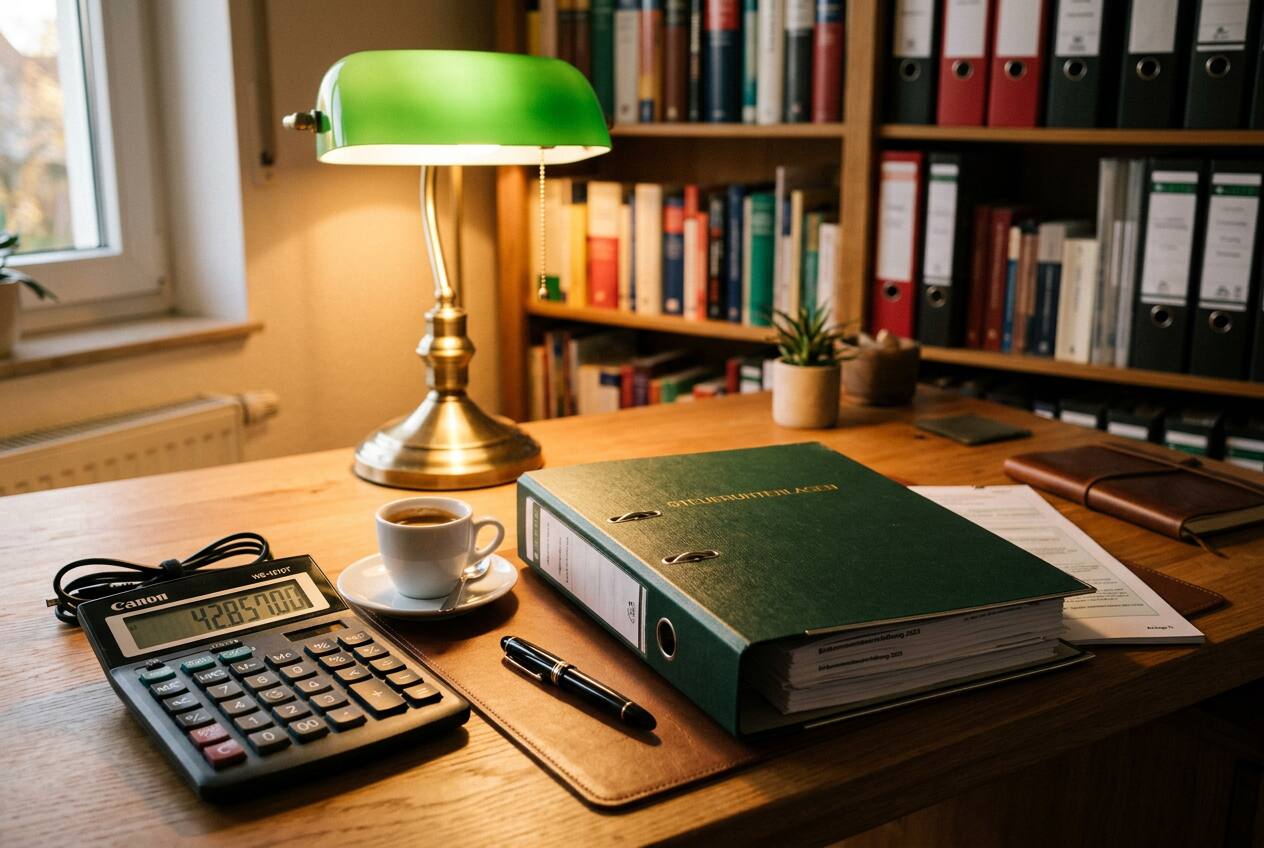 KI-generiert: Kaffeetasse, Taschenrechner und Steuerunterlagen auf Bürotisch