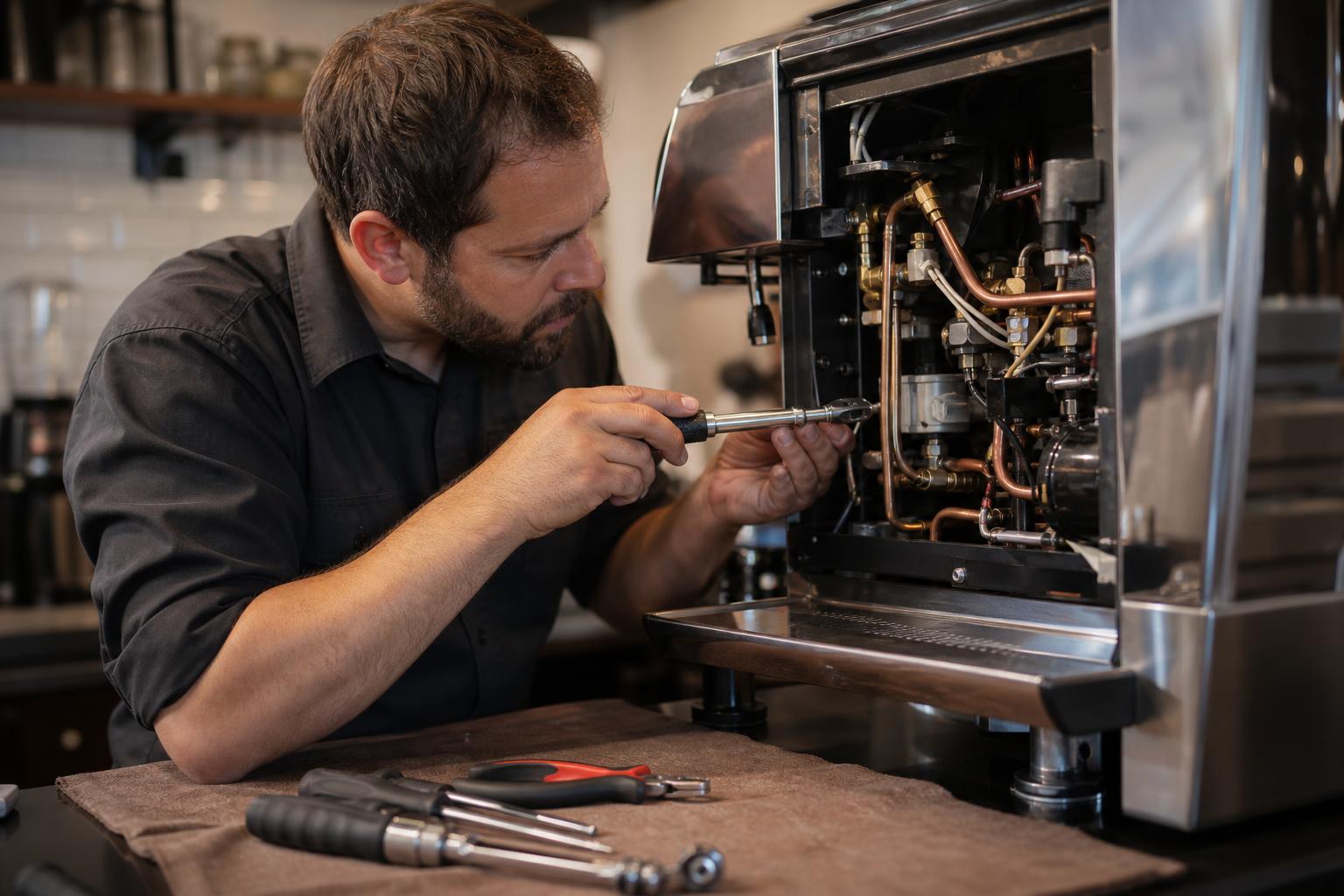 KI-generiert: Servicetechniker arbeitet mit Werkzeug am geöffneten Innenleben eines Kaffeevollautomaten