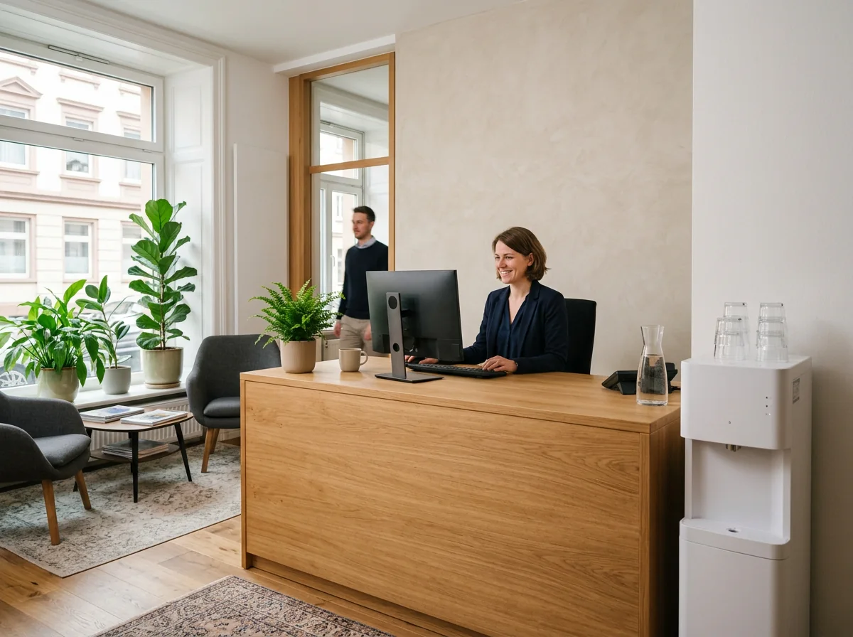 KI-generiert: Eleganter Empfangsbereich einer Steuerberatungskanzlei mit Espressomaschine und Wasserkaraffen