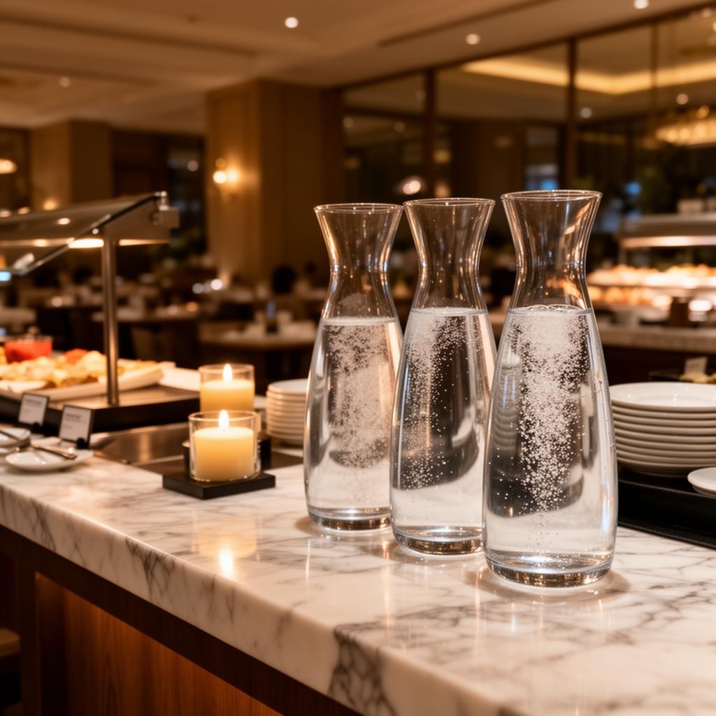 KI-generiert: Elegante Glaskaraffen mit Tafelwasser an Hotelbuffet