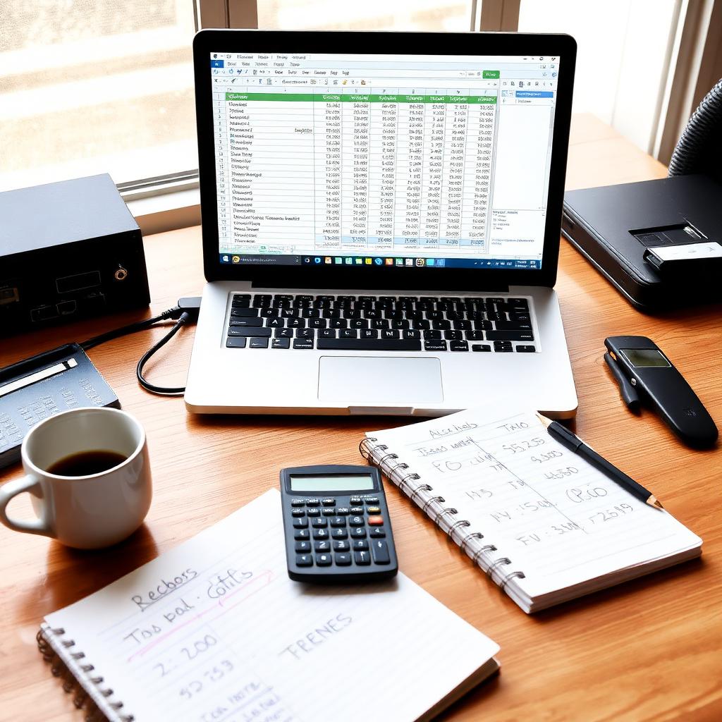 KI-generiert: Bürotisch mit Laptop, Taschenrechner, Kaffee und TCO-Berechnungen