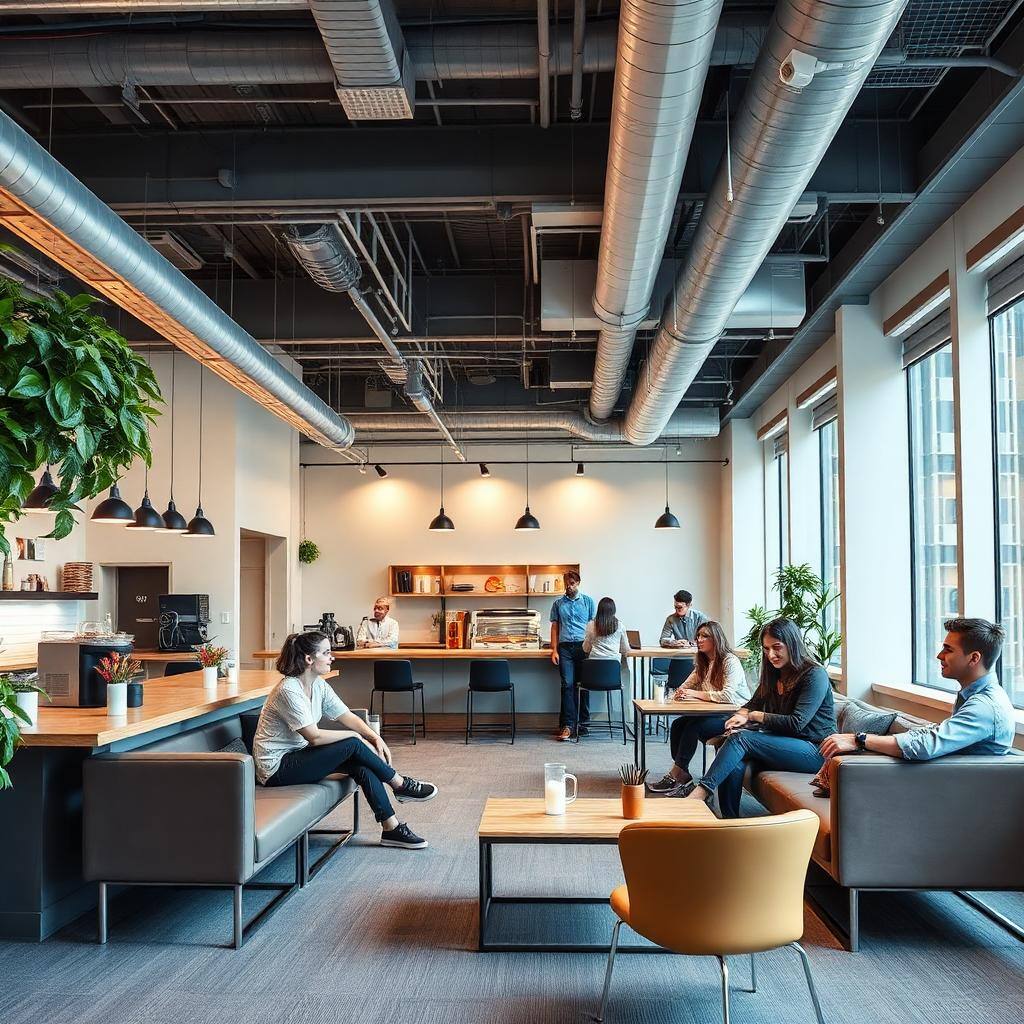 KI-generiert: Modernes Tech-Startup-Office mit Barista-Bar und entspannten Mitarbeitenden