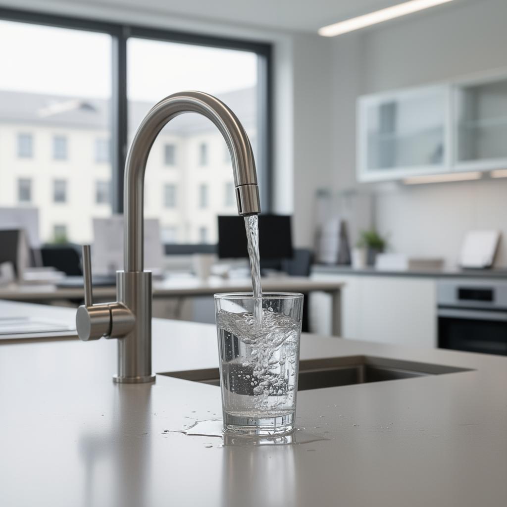 KI-generiert: Frisches Leitungswasser läuft in Glas am modernen Wasserhahn im Bürogebäude
