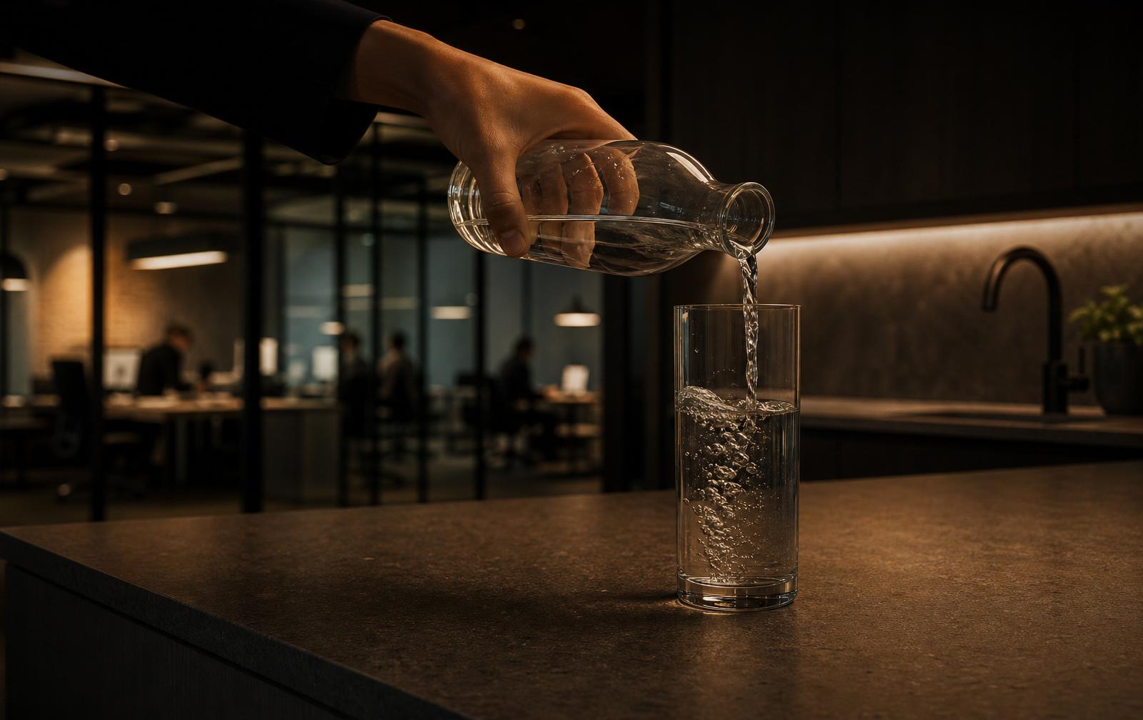 KI-generiert: Wasser wird aus einer Glaskaraffe in ein Glas gegossen, im Hintergrund ein Büro am Abend