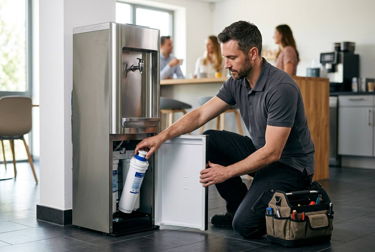 KI-generiert: Servicetechniker tauscht den Wasserfilter in einem leitungsgebundenen Wasserspender im Büro
