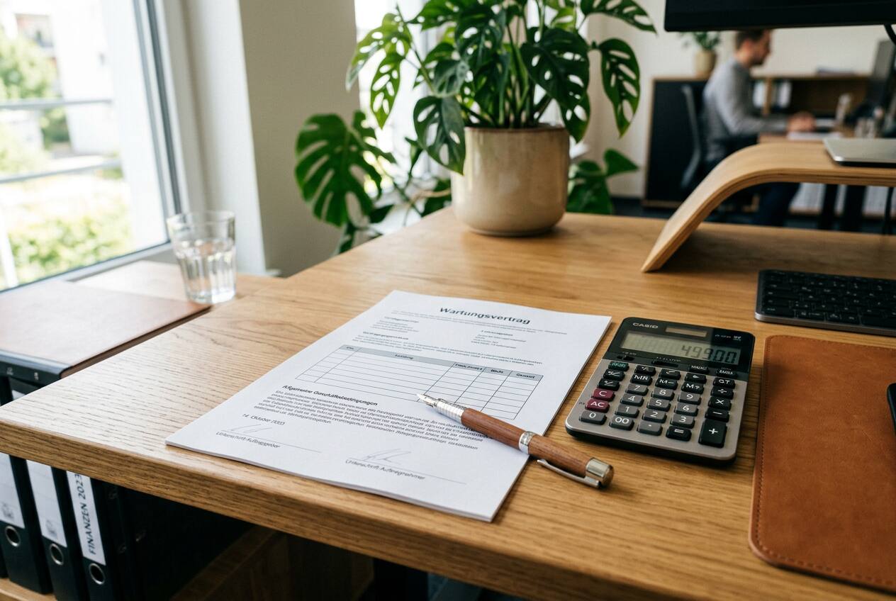 KI-generiert: Wartungsvertrag und Taschenrechner auf einem Schreibtisch im Büro