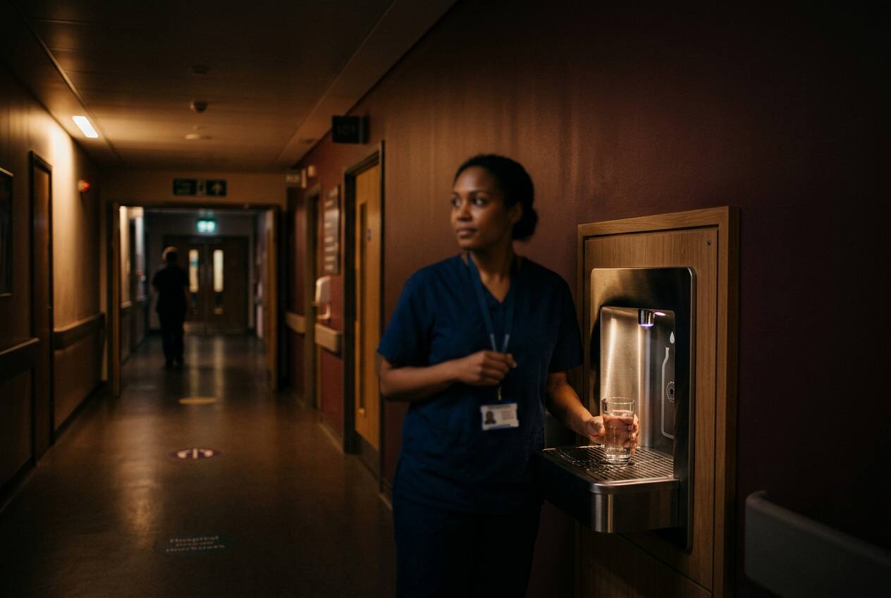 KI-generiert: Pflegekraft füllt auf einem Klinikflur ein Glas an einer Wand-Wasserstation