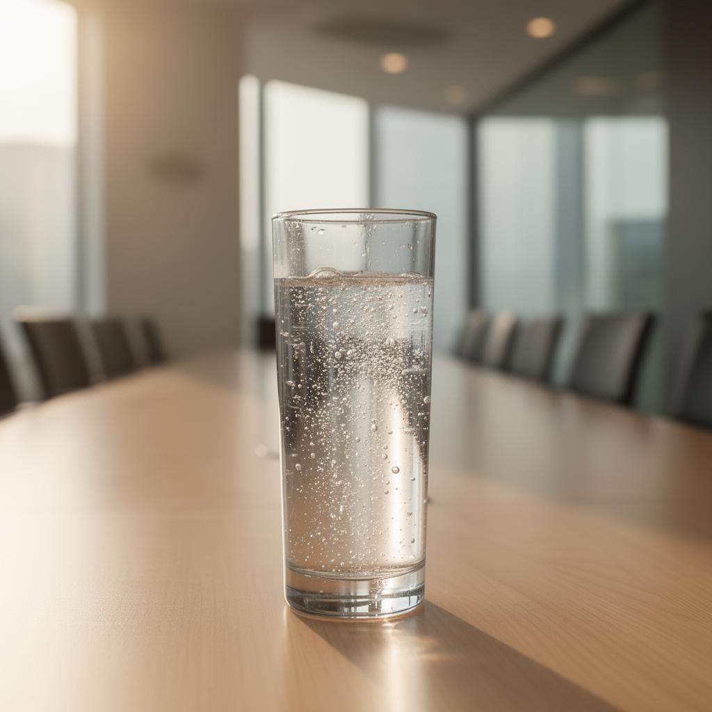 KI-generiert: Glas mit perlendem Sprudelwasser auf Konferenztisch