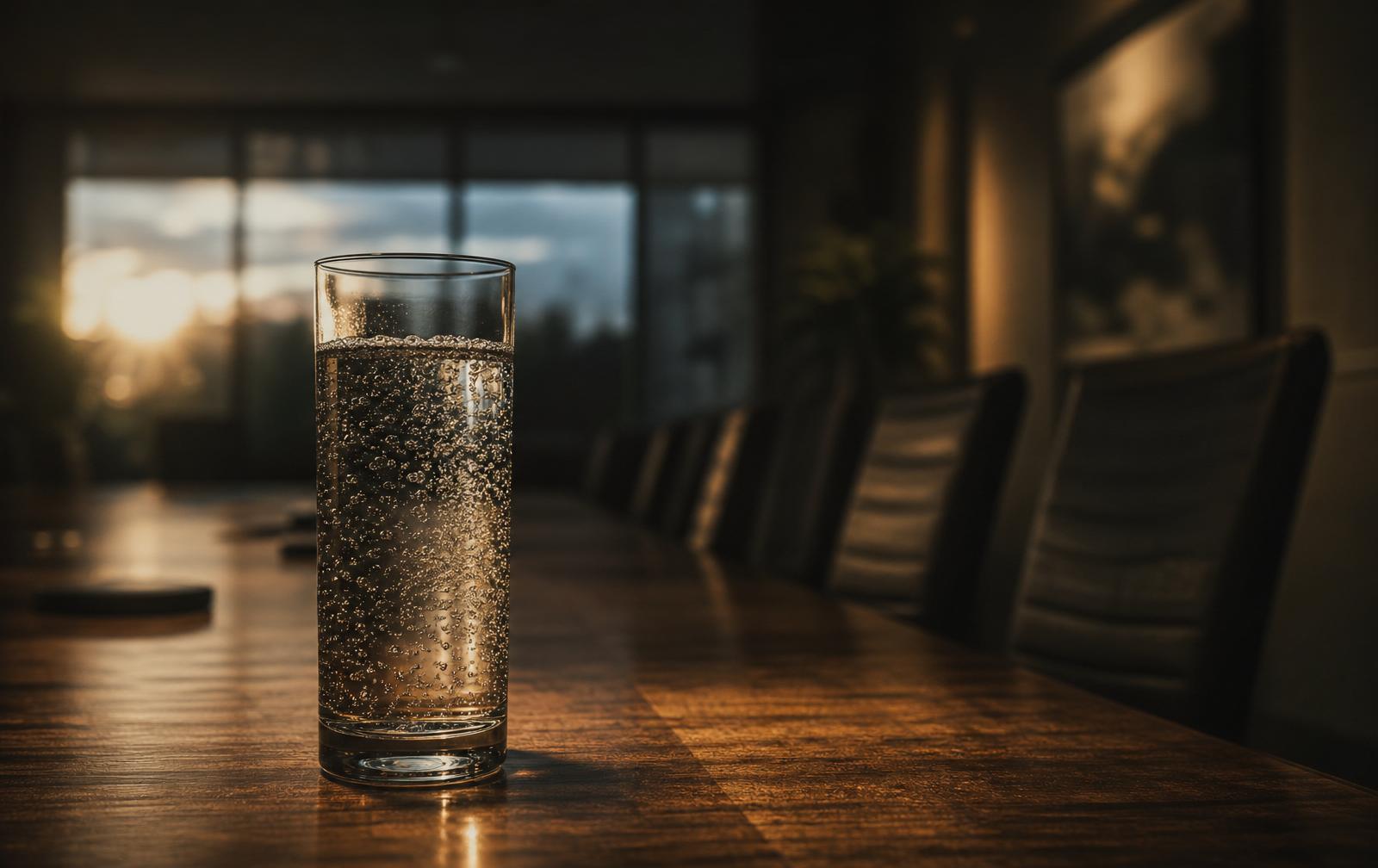KI-generiert: Glas mit sprudelndem Wasser auf einem Konferenztisch im Abendlicht