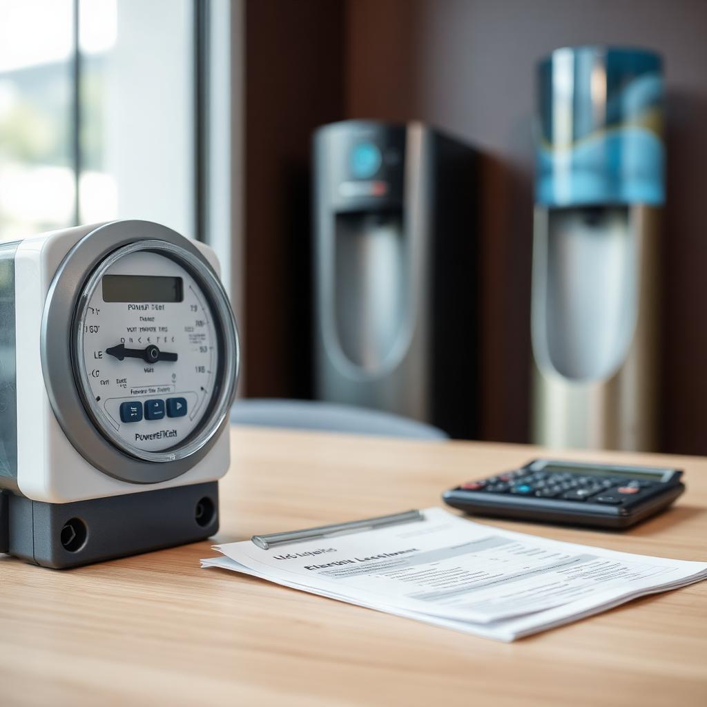 KI-generiert: Stromzähler und Taschenrechner vor einem Wasserspender im Büro