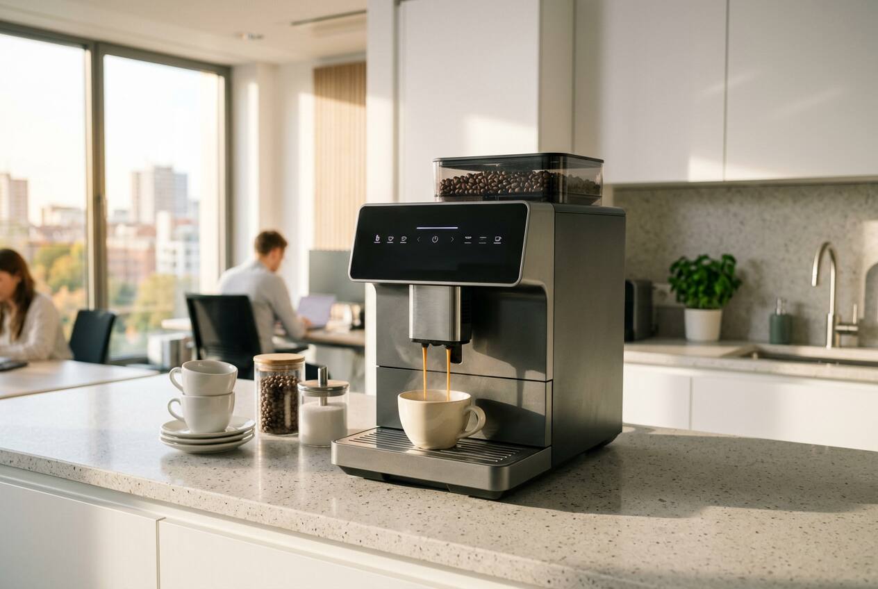KI-generiert: Premium Bürokaffeevollautomat auf Steintheke in moderner Büroküche